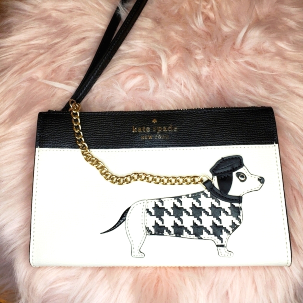 Kate Spade Claude Fetch Wristlet Clutch Purse NWT Dachshund Houndstooth